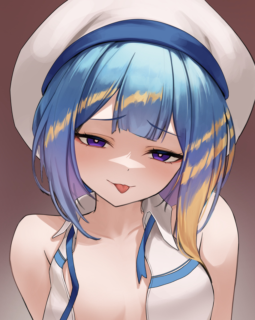 absurdres blue_hair blunt_bangs breasts cleavage cosplay duel_monster evil_twin_lil-la hatage highres large_breasts lil-la_(yu-gi-oh!) live_twin_lil-la live_twin_lil-la_(cosplay) looking_at_viewer purple_eyes self_cosplay smile tongue tongue_out unbuttoned unbuttoned_shirt upper_body yu-gi-oh!