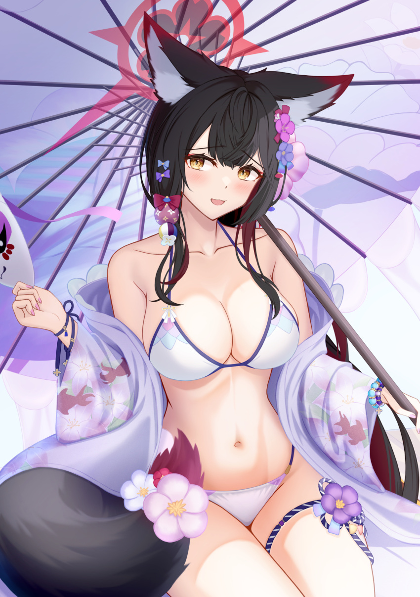 bare_shoulders bikini black_hair blue_archive blush breasts cleavage commentary_request de-zeru female fox_girl fox_mask fox_tail halo highres holding holding_mask holding_umbrella large_breasts long_hair looking_at_viewer mask off_shoulder official_alternate_costume official_alternate_hairstyle oil-paper_umbrella open_mouth red_halo smile solo swimsuit tail umbrella wakamo_(blue_archive) wakamo_(swimsuit)_(blue_archive) white_bikini yellow_eyes