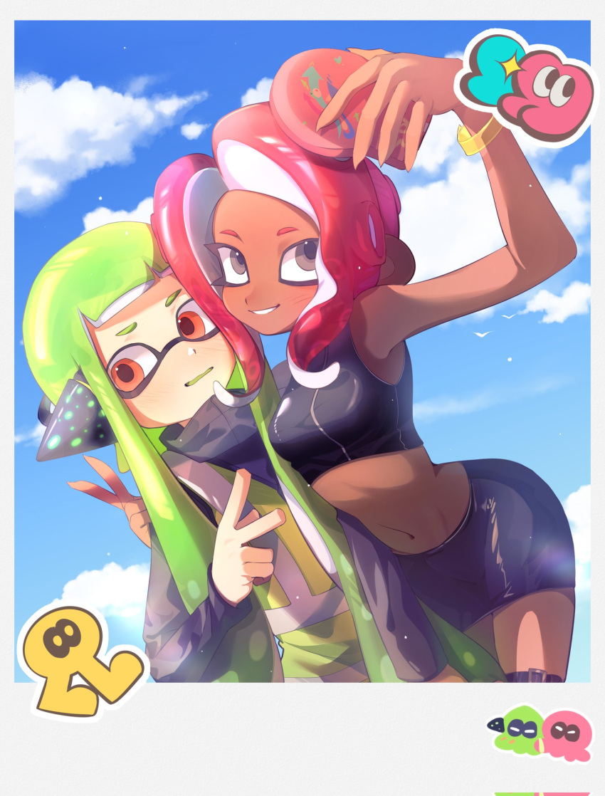 2girls agent_3_(splatoon) agent_8_(splatoon) arm_up averting_eyes behind-the-head_headphones belt belt_buckle black_belt black_jacket black_shirt black_skirt blue_sky breasts buckle chibi chibi_inset chinese_commentary colored_tongue commentary_request crop_top dark-skinned_female dark_skin fifi_(fifiwinofi) fingernails green_hair green_tongue green_vest grey_eyes grin headphones high-visibility_vest highres holding holding_phone inkling inkling_girl inkling_player_character jacket light_blush long_hair long_sleeves looking_to_the_side midriff miniskirt multiple_girls navel octoling octoling_girl octoling_player_character open_mouth orange_eyes parted_bangs pencil_skirt phone red_hair selfie sharp_fingernails shirt skirt sky smile splatoon_(series) splatoon_2 suction_cups taking_picture tentacle_hair thigh_belt thigh_strap twintails v vest wristband yellow_wristband