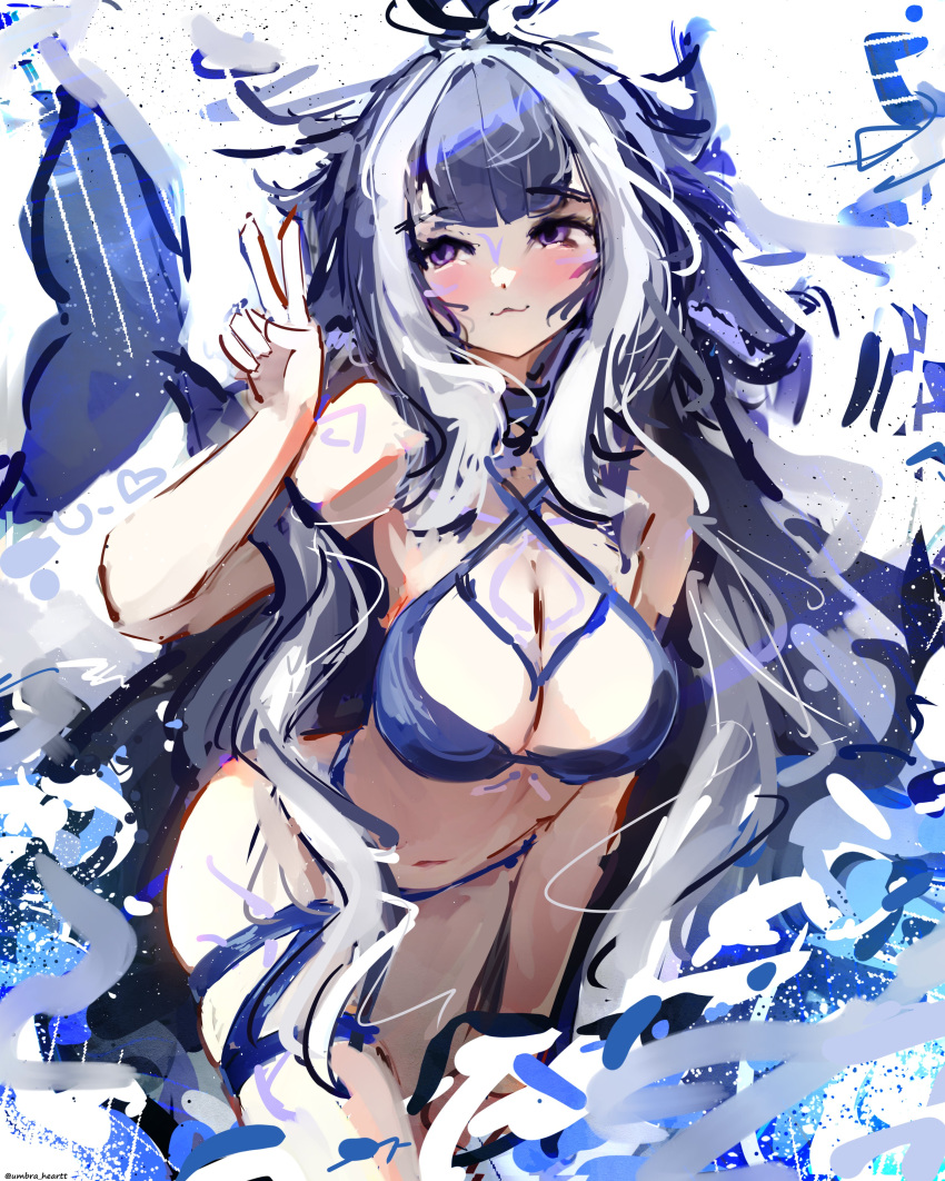 :3 absurdres animal_ears blue_hair body_markings breasts cetacean_tail cleavage facial_mark female fins fish_tail halterneck highres indie_virtual_youtuber large_breasts looking_at_viewer multicolored_hair orca_girl purple_eyes shylily shylily_(bikini) smile solo streaked_hair tail umbra_heartt v virtual_youtuber white_hair