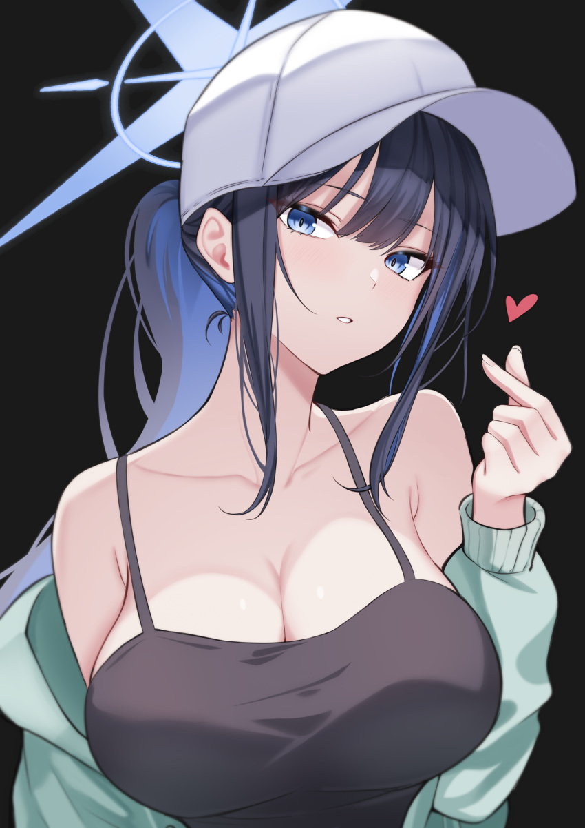 bare_shoulders baseball_cap black_background black_camisole black_hair blue_archive blue_eyes blue_hair breasts camisole cleavage collarbone colored_inner_hair commentary espada_gcon female finger_heart green_jacket hat heart highres jacket large_breasts long_hair looking_at_viewer multicolored_hair off_shoulder official_alternate_costume official_alternate_hairstyle open_clothes open_jacket ponytail saori_(blue_archive) saori_(swimsuit)_(blue_archive) sidelocks simple_background solo white_hat