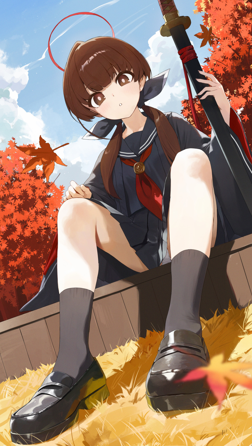 absurdres black_footwear black_sailor_collar black_serafuku black_shirt black_skirt black_socks blue_sky blurry bright_pupils brown_eyes brown_hair commentary_request depth_of_field female highres holding holding_sword holding_weapon katana leaf loafers long_hair looking_at_viewer low_twintails maple_leaf neckerchief ohitome_kohane outdoors panties pantyshot project_kv red_neckerchief sailor_collar school_uniform serafuku sheath shirt shoes sitting skirt sky socks solo sword toi1et_paper twintails underwear weapon white_panties white_pupils