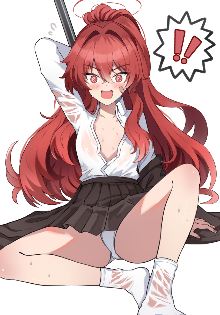 @_@ absurdres ashiharatsumori_koito bandaid bandaid_on_face blush breasts brown_skirt female halo highres katana knee_up long_hair looking_at_viewer namakisama open_mouth panties partially_unbuttoned project_kv red_eyes red_hair red_halo shirt simple_background skirt small_breasts solo surprised sweatdrop sword underwear weapon white_background white_panties white_shirt