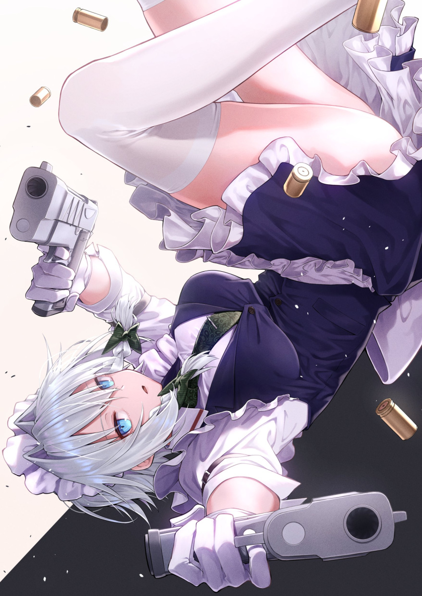 absurdres aiming aiming_at_viewer apron black_background blue_dress blue_eyes bow braid breasts commentary_request dress female green_bow green_necktie greenkohgen gun hairbow highres holding holding_gun holding_weapon izayoi_sakuya large_breasts looking_at_viewer maid_headdress medium_hair necktie shell_casing shirt short_sleeves solo thighhighs thighs tie_clip touhou twin_braids two-tone_background upside-down waist_apron weapon white_apron white_background white_hair white_shirt white_thighhighs