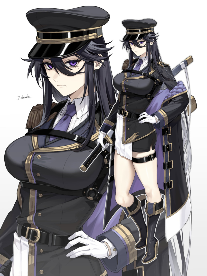 absurdres artist_name belt black_coat black_footwear black_hair black_hat black_jacket black_skirt boots breasts chest_belt closed_mouth coat collared_shirt commentary_request epaulettes female gloves hair_between_eyes hat high_heels highres holding holding_sword holding_weapon jacket katana large_breasts long_hair military_hat military_uniform mole mole_under_eye multiple_views necktie original pencil_skirt purple_eyes purple_necktie sheath sheathed shirt simple_background skirt sword tatsuma_daisuke thigh_belt thigh_strap two-sided_coat two-sided_fabric uniform weapon white_background white_gloves white_shirt zoom_layer