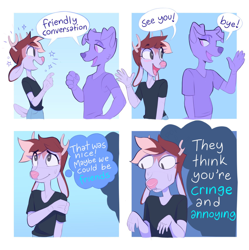 4_panel_comic anthro antlers blonde_highlights blue_background bodily_fluids brown_body brown_fur brown_hair canid canine canis clothing deer dialogue domestic_dog duo english_text fur hair half-closed_eyes heresvix hi_res highlights_(coloring) horn humor inner_monologue male mammal narrowed_eyes open_mouth open_smile purple_body purple_fur shirt simple_background smile speech_bubble sweat sweatdrop t-shirt text thought_bubble topwear white_body white_fur wide_eyed