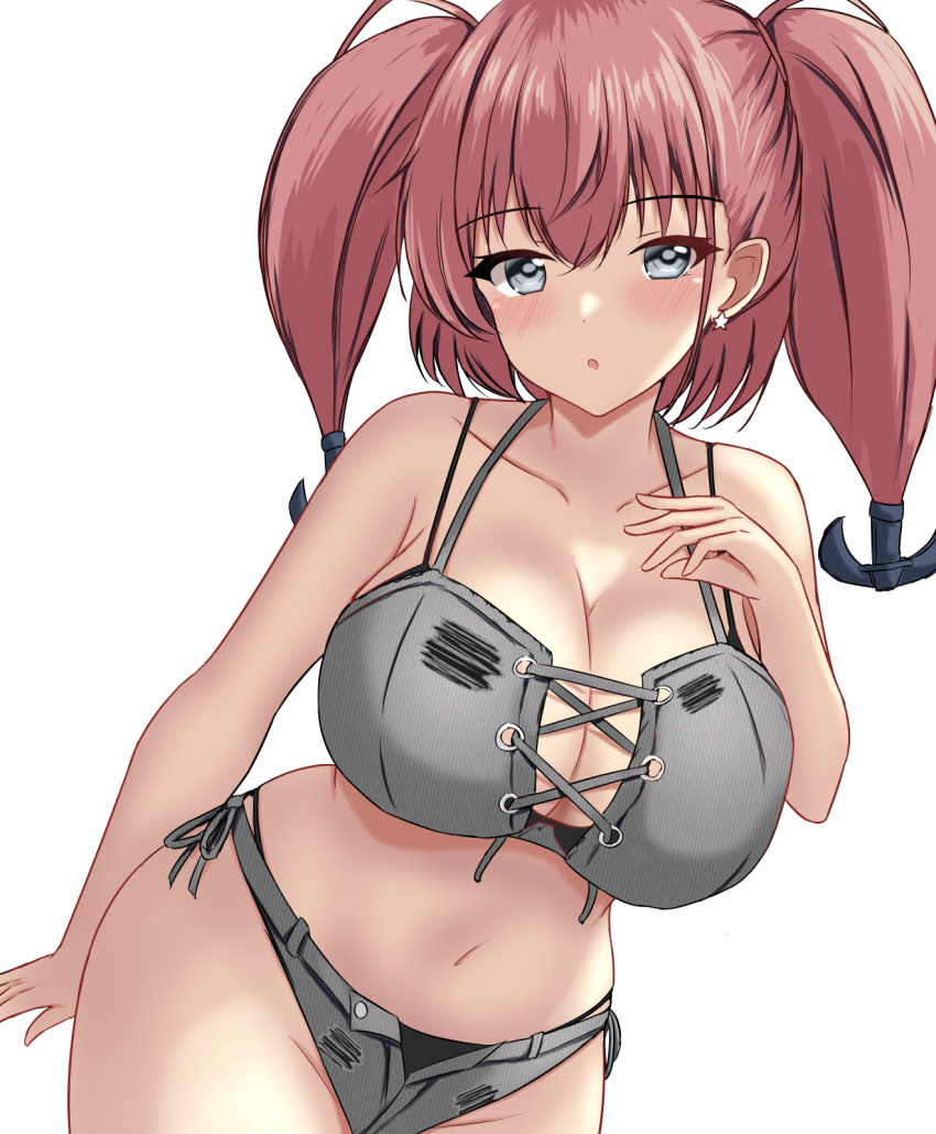 :o anchor_hair_ornament atlanta_(kancolle) atlanta_(swimsuit_mode)_(kancolle) bare_arms bikini black_bikini blush breasts brown_hair cleavage collarbone commentary_request cowboy_shot female grey_bikini grey_eyes hair_between_eyes hair_ornament highres kantai_collection layered_bikini long_hair looking_at_viewer montemasa official_alternate_costume open_mouth side-tie_bikini_bottom simple_background solo standing swimsuit twintails white_background