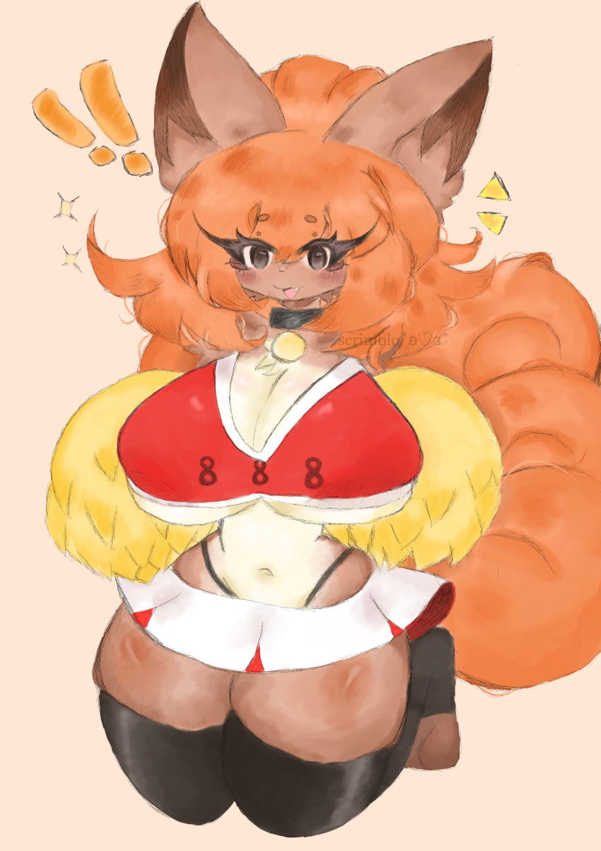 absurdres animal_ears awwwthescrimblo bad_source black_panties black_thighhighs breasts brown_eyes cheerleader collar fox fox_ears fox_girl furry furry_female highres holding holding_pom_poms huge_breasts large_breasts miniskirt oerba_yun_fang panties personification pokemon pom_pom_(cheerleading) self-upload skirt socks sparkle tail thighhighs underwear vulpix