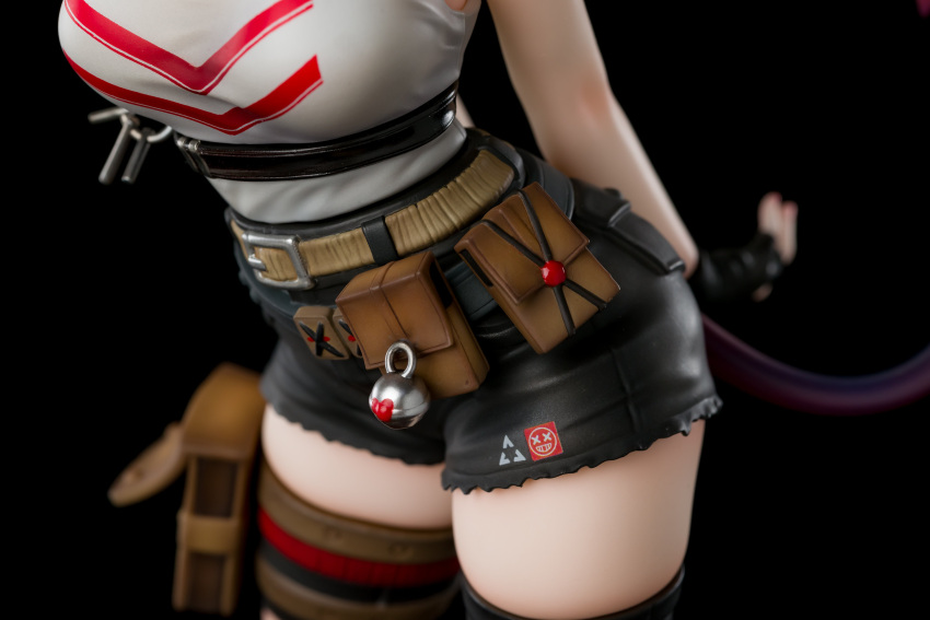 absurdres arknights belt belt_pouch black_background black_belt black_gloves black_shorts black_thighhighs brown_belt female figure fingerless_gloves gloves highres juicybons photo_(medium) pouch shirt_tucked_in shorts tank_top thigh_pouch thighhighs w_(arknights) white_tank_top