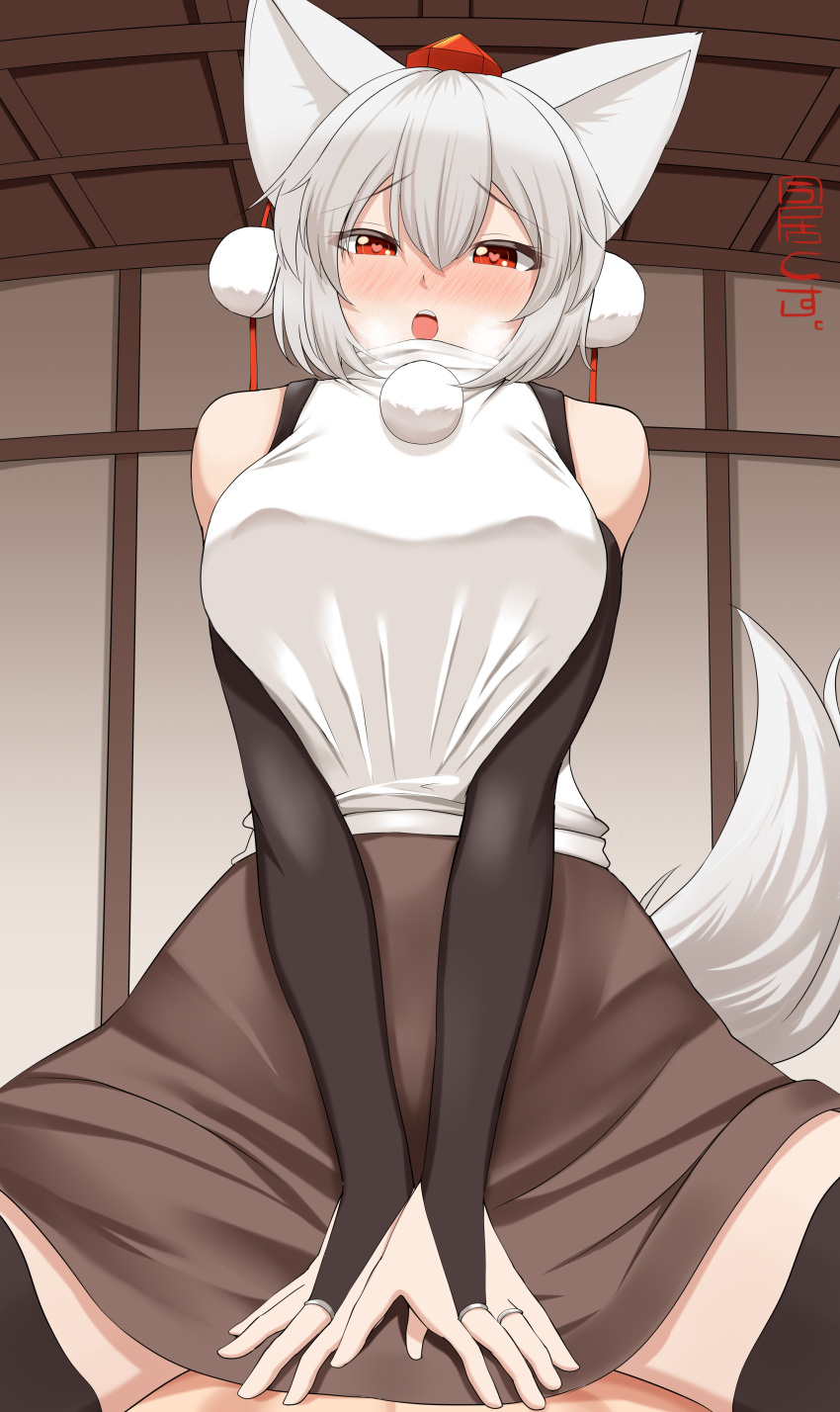 1boy absurdres animal_ears black_bridal_gauntlets black_thighhighs blush breasts breasts_squeezed_together bridal_gauntlets brown_skirt commentary_request cowboy_shot cowgirl_position elbow_gloves female gloves hair_between_eyes hat heart heart-shaped_pupils highres imai_kusu indoors inubashiri_momiji large_breasts long_bangs looking_at_viewer open_mouth pom_pom_(clothes) pov pov_crotch red_eyes red_hat shirt short_hair skirt sleeveless sleeveless_shirt solo_focus symbol-shaped_pupils tail textless_version thighhighs tokin_hat touhou variant_set white_hair white_shirt wolf_ears wolf_girl wolf_tail