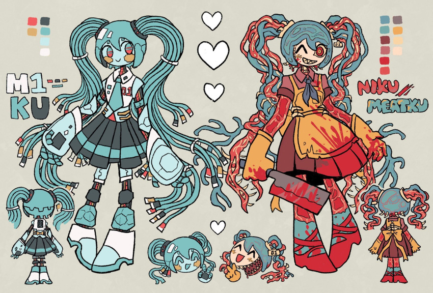 2girls alleesaur apron blood blood_on_clothes blood_on_face blood_on_weapon blue_hair cable cleaver english_commentary full_body gloves grey_background hatsune_miku highres holding_cleaver humanoid_robot long_hair looking_at_viewer mask monster_girl multiple_girls one_eye_closed red_eyes reference_sheet robot rubber_gloves sharp_teeth simple_background skirt teeth twintails very_long_hair vocaloid weapon