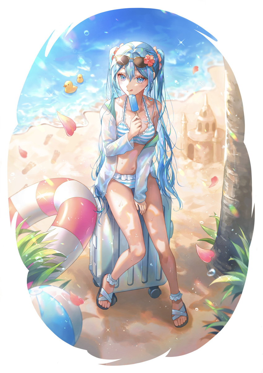 absurdres alternate_costume ball beach beachball bikini blue_eyes blue_hair buoy eyewear_on_head female food hatsune_miku highres holding holding_food holding_popsicle kinakomocci518 on_suitcase popsicle sitting slippers striped_bikini striped_clothes suitcase sunglasses swimsuit vocaloid