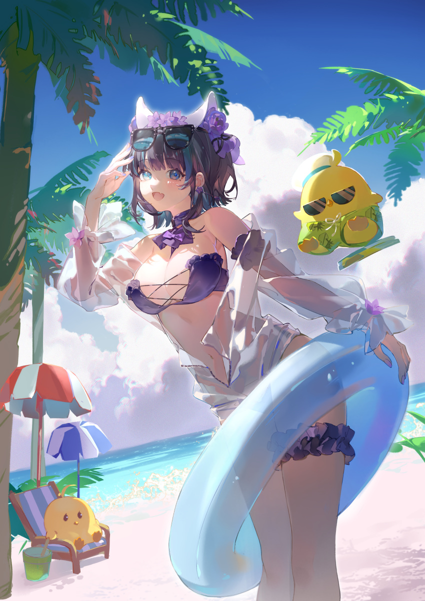 :d absurdres animal_band animal_ears arm_garter azur_lane bare_shoulders beach beach_chair beach_umbrella bikini blue_eyes blue_hair blue_sky breasts bridal_garter bucket cat_ears cheshire_(azur_lane) cheshire_(summery_date!)_(azur_lane) choker cleavage cloud commentary_request cumulonimbus_cloud eyewear_on_head feet_out_of_frame female flower frilled_garter geyegua green_shorts grey_hair hand_up highres innertube long_sleeves looking_at_viewer manjuu_(azur_lane) multicolored_hair oerba_yun_fang official_alternate_costume open_mouth outdoors palm_tree purple_bikini purple_choker purple_flower purple_garter see-through see-through_shirt shirt short_hair shorts skin_fang sky smile solo strapless strapless_bikini streaked_hair sunglasses swim_ring swimsuit tree umbrella