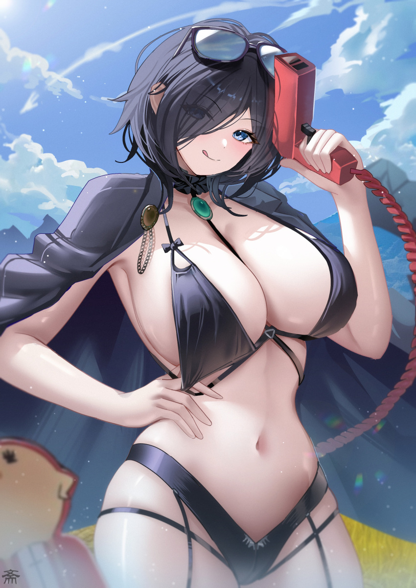 :q absurdres ark_royal_(azur_lane) ark_royal_(order_amidst_amusement)_(azur_lane) azur_lane bikini black_bikini black_hair blue_eyes breasts closed_mouth day eyes_visible_through_hair eyewear_on_head female hair_over_one_eye hand_on_own_hip highres holding large_breasts medium_hair navel official_alternate_costume outdoors smile solo stomach sunglasses swimsuit tansuan_(ensj3875) tongue tongue_out