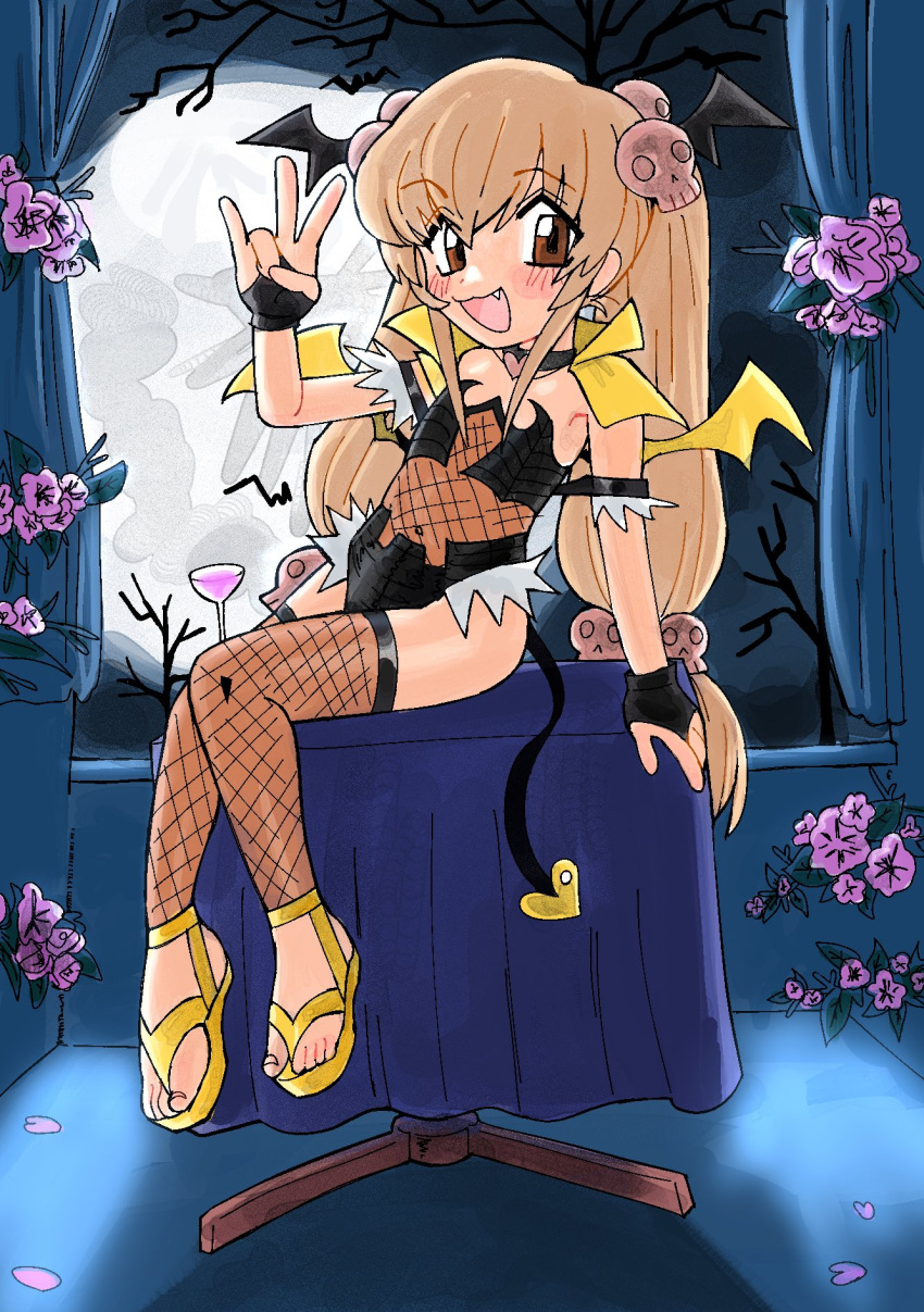 1her0 black_gloves black_leotard brown_eyes female fingerless_gloves fishnet_pantyhose fishnets flower full_moon gloves hair_ornament highres kodomo_no_jikan kokonoe_rin leotard light_brown_hair long_hair moon oerba_yun_fang pantyhose skull_hair_ornament twintails