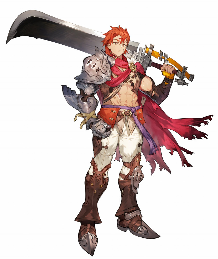 1boy abs armor armored_gloves atelier_(series) atelier_ryza atelier_ryza_2 boots brown_footwear cape closed_mouth full_body highres holding holding_sword holding_weapon lent_marslink looking_at_viewer male_focus muscular muscular_male official_art over_shoulder pants pectorals red_cape red_eyes red_hair short_hair shoulder_armor simple_background solo standing sword topless_male toridamono torn_clothes weapon weapon_over_shoulder white_pants