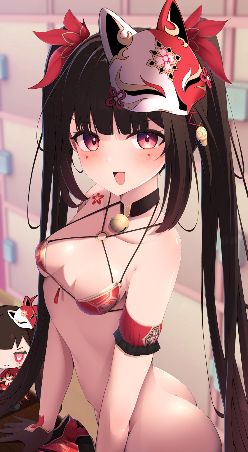 absurdres bell bikini black_gloves blurry blurry_background blush bottomless bow breasts butterfly-shaped_pupils female gloves hairbow highres honkai:_star_rail honkai_(series) jingle_bell looking_at_viewer mark_under_both_eyes mask mask_on_head open_mouth red_bikini red_eyes small_breasts smile solo sparkle sparkle_(doll)_(honkai:_star_rail) sparkle_(honkai:_star_rail) swimsuit symbol-shaped_pupils tetori_(tetolisto) twintails