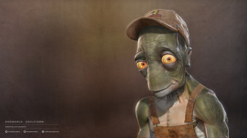 16:9 3d_(artwork) 4k absurd_res alf_(oddworld) alien alien_humanoid alternate_version_at_source close-up clothing digital_media_(artwork) green_body hat headgear headwear hi_res humanoid humanoid_pointy_ears looking_at_viewer male mudokon oddworld official_art orange_eyes overalls smile solo text unknown_artist url wallpaper widescreen yellow_sclera