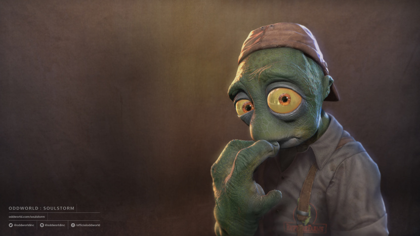 16:9 3d_(artwork) 4k absurd_res alien alien_humanoid alternate_version_at_source backwards_hat close-up clothing digital_media_(artwork) green_eyes hat headgear headwear hi_res humanoid humanoid_pointy_ears looking_at_viewer male mudokon oddworld official_art orange_eyes overalls shirt solo text toby_(oddworld) topwear unknown_artist url wallpaper widescreen yellow_sclera