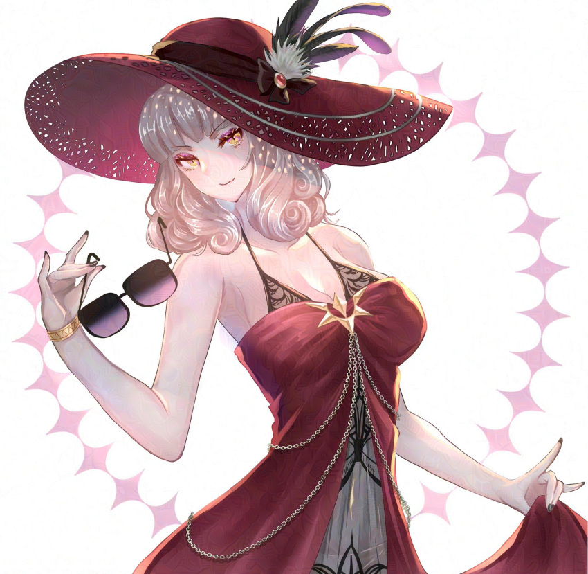 black_nails bracelet breasts carmilla_(fate) carmilla_(swimsuit_rider)_(fate) cleavage closed_mouth clothes_lift cropped_legs dress dress_lift fate/grand_order fate_(series) female grey_hair hat highres holding holding_removed_eyewear jewelry large_breasts lifting_own_clothes long_hair looking_at_viewer natsujiru red_dress red_hat smile solo standing sun_hat sunglasses unworn_eyewear yellow_eyes