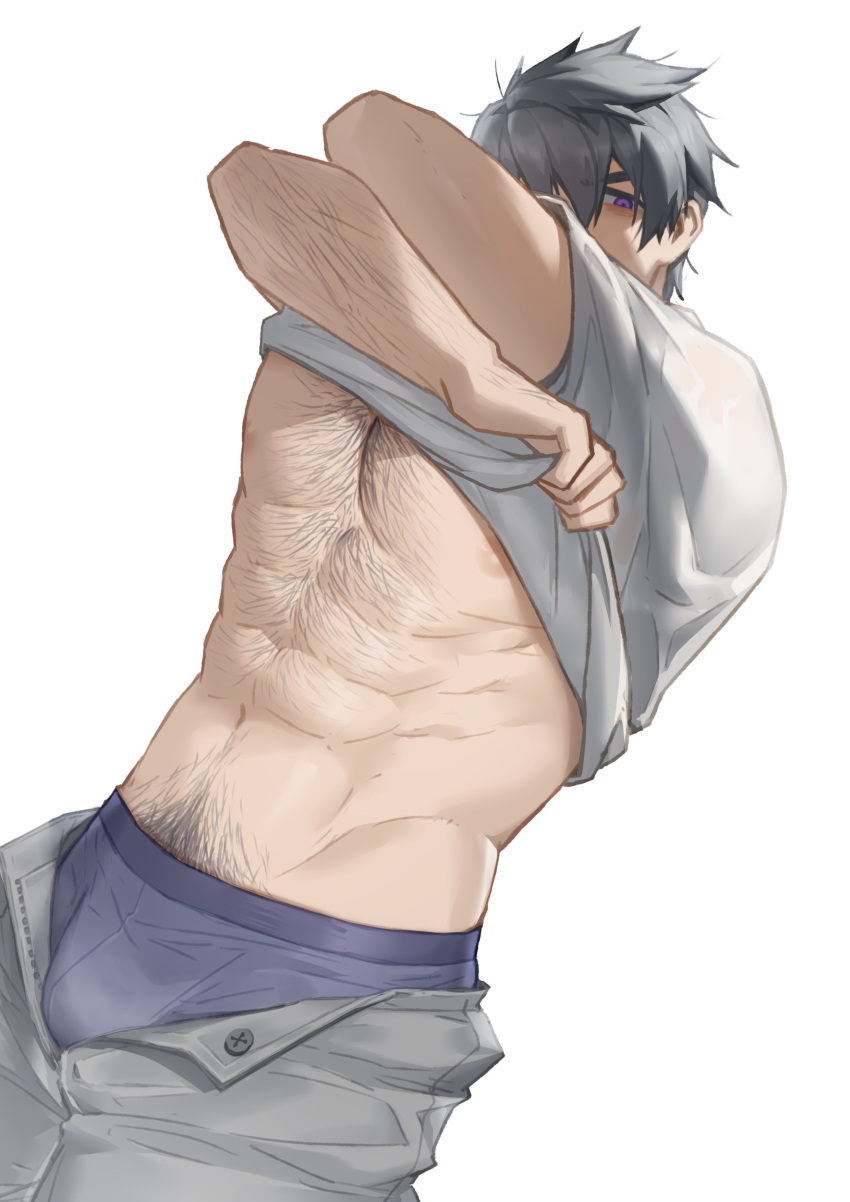 1boy abs absurdres arm_hair bara blue_male_underwear chest_hair clothes_lift covered_face dutch_angle grey_hair grey_pants highres looking_at_viewer male_focus male_underwear muscular muscular_male navel navel_hair nipples original pants pectorals shirt shirt_lift short_hair simple_background solo underwear undressing unzipped white_background zhuganchangjiadan