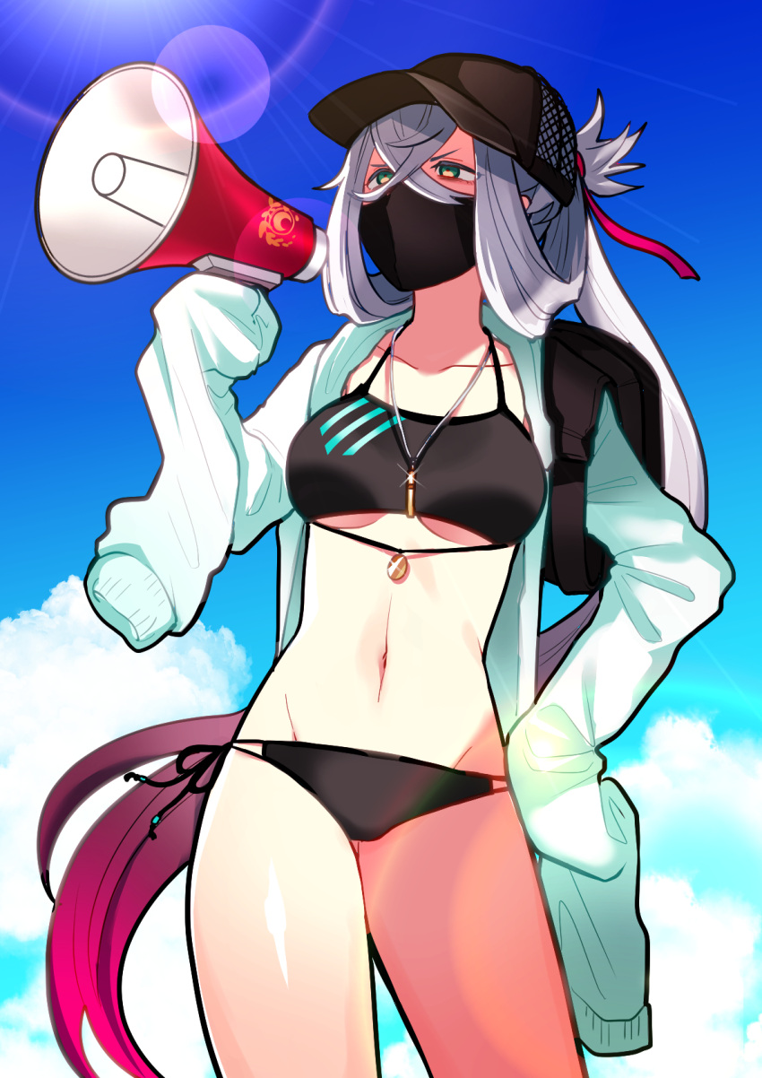 asclepius_(fate) baseball_cap bikini black_bikini black_hat black_mask blue_sky breasts cloud collarbone crossed_bangs cumulonimbus_cloud day fate/grand_order fate_(series) female genderswap_(mtf) gradient_hair grey_hair hat highres holding holding_megaphone jacket kinakotatu long_hair megaphone multicolored_hair outdoors rule_63 side-tie_bikini_bottom sky sleeves_past_fingers sleeves_past_wrists solo swimsuit underboob white_jacket