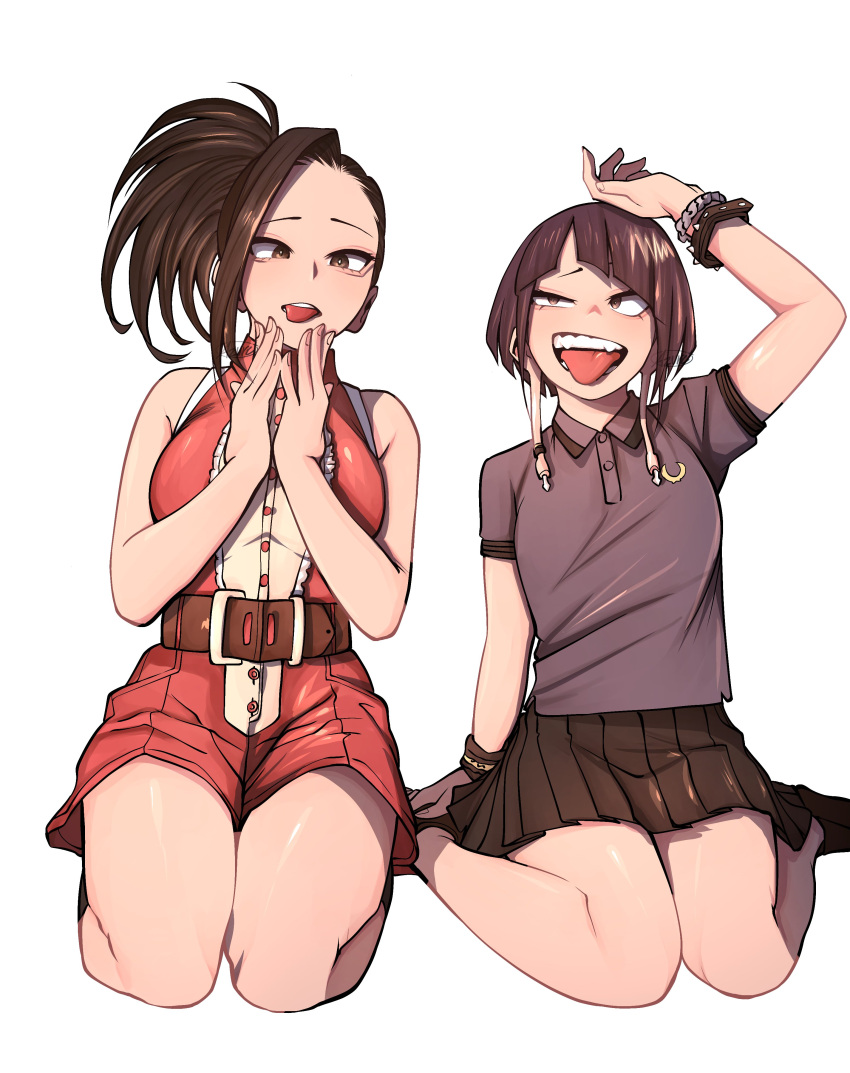 2girls absurdres belt black_hair black_skirt boku_no_hero_academia breasts brown_eyes commentary english_commentary highres jirou_kyouka large_breasts multiple_girls pleated_skirt ponytail purple_shirt raised_eyebrow seiza shirt simple_background sitting skirt teeth tongue tongue_out ureazure wariza white_background yaoyorozu_momo