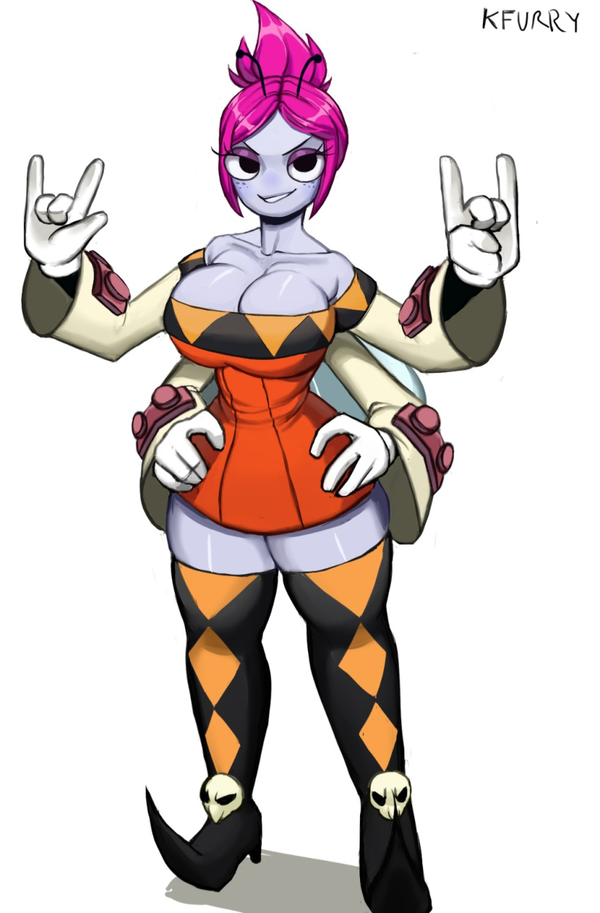 4_arms alternate_hairstyle anthro arthropod big_breasts boots breasts cerebella cleavage clothed clothing cosplay crossover crossover_cosplay devil_horns_(gesture) disney disney_channel eyeshadow female fly_(animal) footwear gesture gloves hair hand_gesture hands_on_hips handwear hi_res insect_wings insects kfurry4 looking_at_viewer maggie_pesky makeup multi_arm multi_limb ponytail purple_eyeshadow shoes simple_background skullgirls solo the_buzz_on_maggie watermark white_background wings