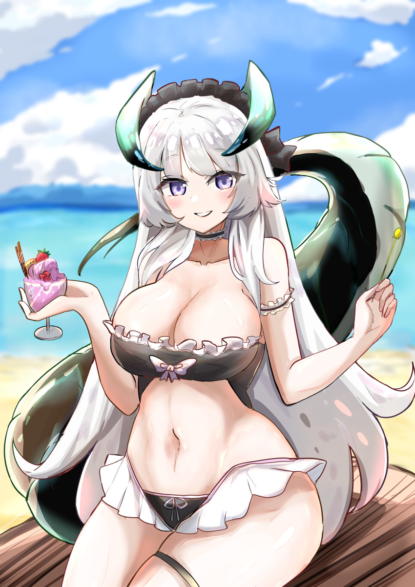 absurdres beach bikini black_bikini breasts chamber_dragonmaid cleavage cup dragon_girl dragon_horns dragon_tail duel_monster female food frilled_bikini frills grey_hair highres holding holding_cup horns huge_breasts ice_cream large_breasts looking_at_viewer marswolf midriff navel ocean purple_eyes smile solo swimsuit tail white_hair yu-gi-oh!