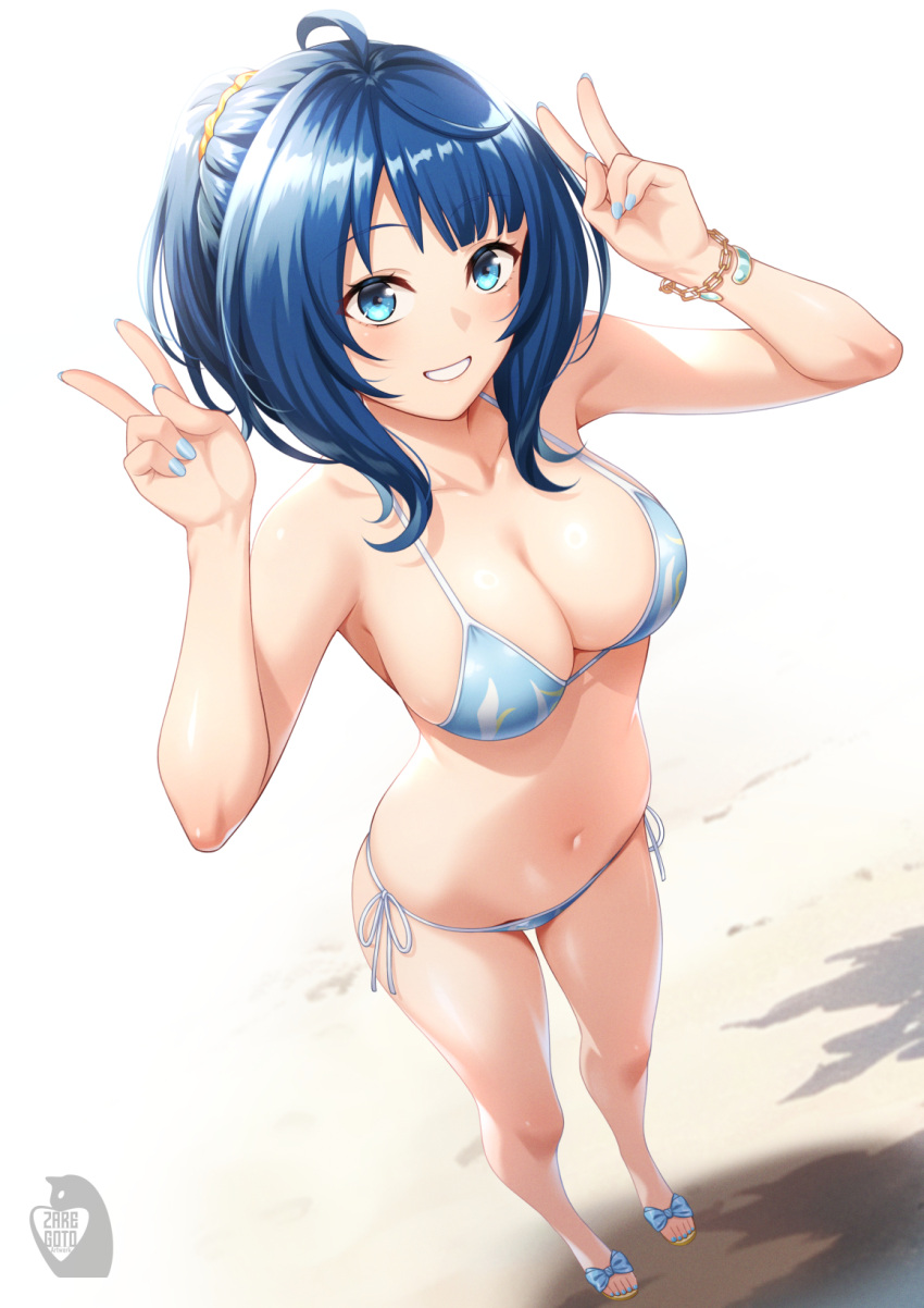 artist_logo beach bikini blue_bikini blue_eyes blue_hair bracelet breasts cleavage double_v female hands_up highres jewelry large_breasts looking_at_viewer make_heroine_ga_oo_sugiru! medium_hair nail_polish navel outdoors parted_lips ponytail side-tie_bikini_bottom smile swimsuit toenail_polish toenails v yanami_anna zaregoto_tsukai_no_deshi