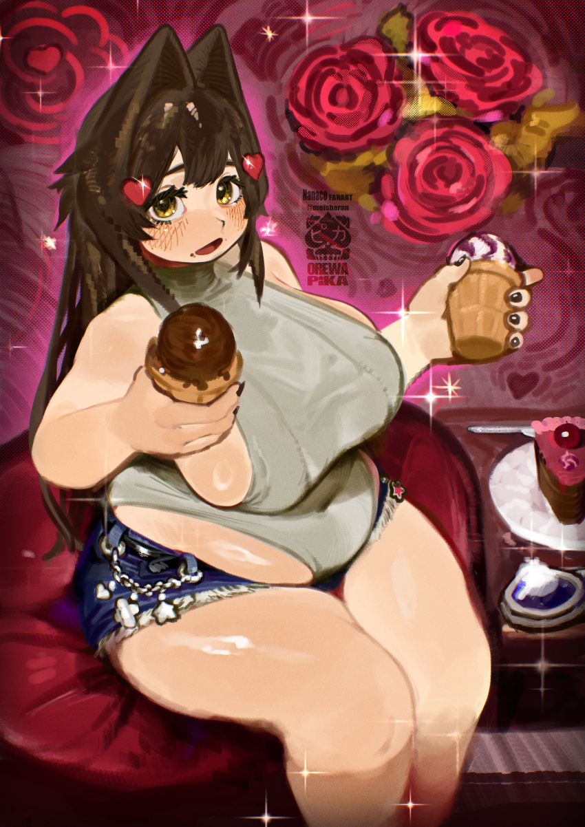 absurdres artist_name blue_shorts blush breasts brown_hair cake cake_slice character_name covered_navel english_commentary feet_out_of_frame female flower food hair_intakes heart highres holding holding_food holding_ice_cream_cone huge_breasts ice_cream_cone long_hair looking_at_viewer nanaco_(hott0g111) open_mouth orepika original plump red_flower red_rose rose short_shorts shorts sitting sleeveless solo sparkle tareme thick_thighs thighs yellow_eyes