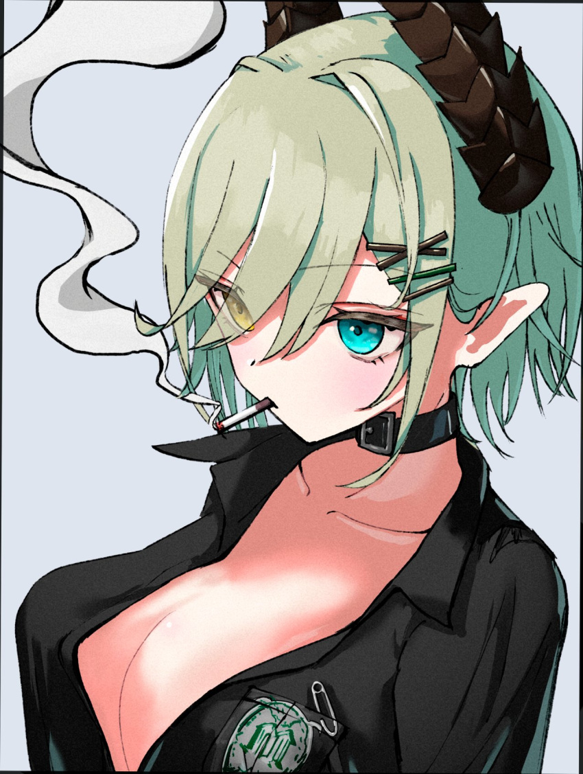 belt belt_collar black_belt black_horns black_shirt blue_eyes blush bobby_pin breasts cigarette cleavage collar collared_shirt commentary_request demon_girl demon_horns expressionless eyes_visible_through_hair female grey_background hair_between_eyes hair_ornament hair_over_one_eye hairclip heterochromia highres horns large_breasts long_bangs looking_afar nanashi_inc. open_clothes open_shirt pointy_ears sekishiro_mico shirt short_hair simple_background smoke smoking solo upper_body virtual_youtuber wasabifu x_hair_ornament yellow_eyes