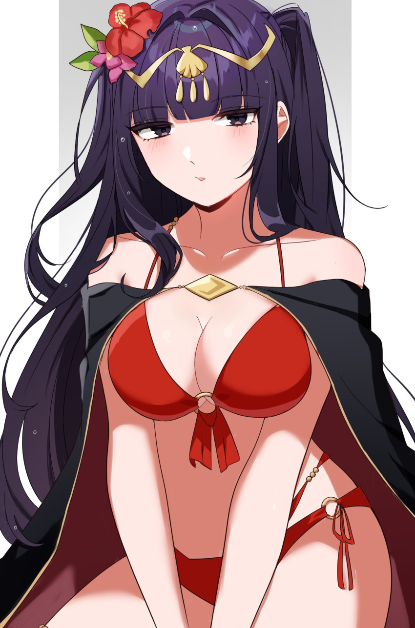 bikini black_cape black_eyes black_hair blunt_bangs blush bougainvillea_(flower) breasts cape circlet cleavage collarbone female fire_emblem fire_emblem_awakening fire_emblem_heroes flower gmais2514 gold_trim hair_flower hair_ornament hibiscus highres large_breasts long_hair looking_at_viewer official_alternate_costume pink_flower red_bikini red_cape red_flower simple_background solo swimsuit tharja_(fire_emblem) tharja_(summer)_(fire_emblem) two-tone_cape two_side_up