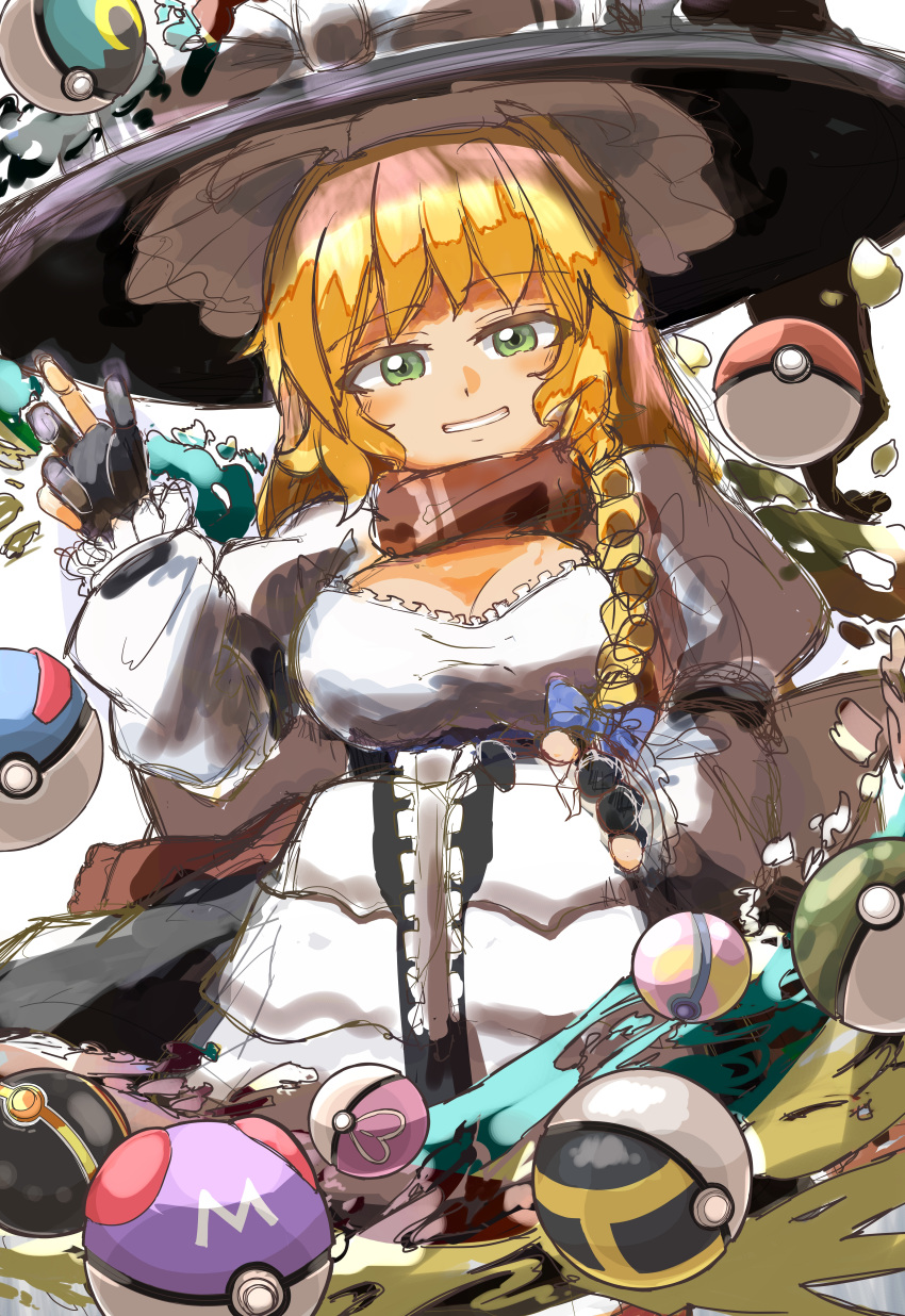 absurdres black_gloves black_hat blonde_hair blue_bow blush bow breasts brown_scarf cleavage commentary_request cookie_(touhou) cowboy_shot dress female gloves great_ball green_eyes grin hairbow hat heal_ball highres kirisame_marisa large_breasts long_hair long_sleeves looking_at_viewer love_ball mars_(cookie) master_ball medium_bangs moon_ball partially_fingerless_gloves poke_ball pokemon safari_ball scarf smile solo sun_kajitsu touhou ultra_ball v white_background white_dress witch_hat