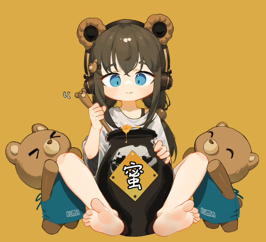 animal_ear_headphones animal_ears barefoot bear_ear_headphones bear_ears bear_hair_ornament blue_eyes brown_hair closed_mouth commentary_request fake_animal_ears female full_body hair_between_eyes hair_bobbles hair_ornament hairclip headphones holding holding_spoon honey jar knees_up light_blush long_hair looking_down low_twintails motion_lines mrw original oversized_clothes oversized_shirt shirt simple_background sitting soles solo spoon stuffed_animal stuffed_toy t-shirt teddy_bear toes twintails white_shirt wooden_spoon yellow_background