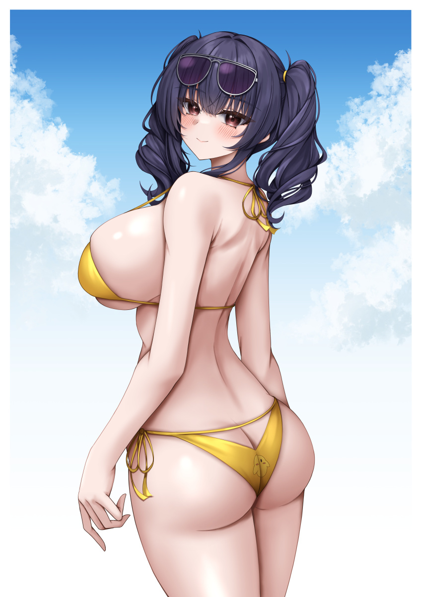 absurdres ass azur_lane bikini blush breasts butt_crack closed_mouth eyewear_on_head female from_behind highres large_breasts long_hair looking_at_viewer looking_back official_alternate_costume pola_(azur_lane) pola_(seaside_coincidence)_(azur_lane) side-tie_bikini_bottom smile solo sunglasses swimsuit thighs twintails ueyama_0clock underboob yellow_bikini