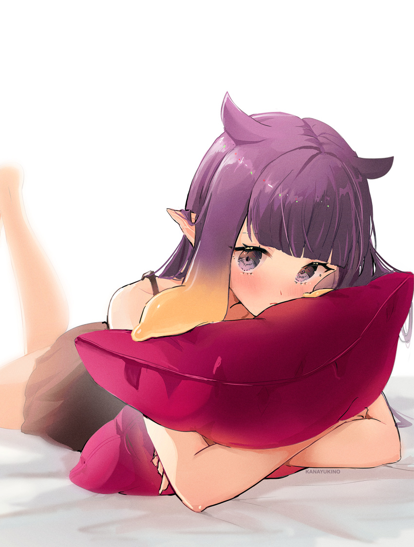 blunt_bangs blurry blush depth_of_field female gradient_hair highres hololive hololive_english hugging_object kana_yukino long_hair looking_at_viewer lying multicolored_hair ninomae_ina'nis on_stomach orange_hair pillow pillow_hug pointy_ears purple_eyes purple_hair sidelocks solo tentacle_hair virtual_youtuber