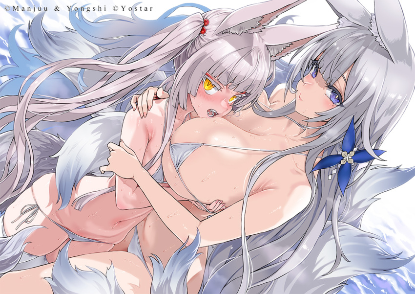 2girls animal_ears asanagi asanagi_(azur_lane) azur_lane bare_shoulders bikini blue_eyes blush breasts cleavage collarbone fox_ears fox_tail grabbing_another's_breast grey_hair groping hair_ornament large_breasts long_hair looking_at_viewer micro_bikini multiple_girls navel open_mouth shinano_(azur_lane) small_breasts swimsuit tail thighs twintails white_bikini yellow_eyes