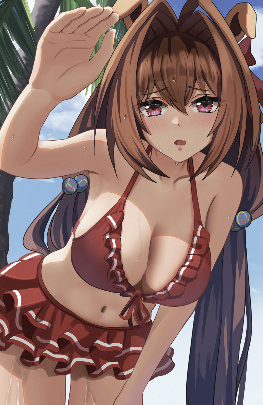 absurdres aimi_(tikichin0229) animal_ears bikini bikini_skirt breasts brown_hair cleavage daiwa_scarlet_(trifle_vacation)_(umamusume) daiwa_scarlet_(umamusume) female frilled_bikini frills hair_intakes highres horse_ears horse_girl large_breasts long_hair looking_at_viewer midriff navel oerba_yun_fang official_alternate_costume red_bikini red_eyes skin_fang solo swimsuit twintails umamusume very_long_hair