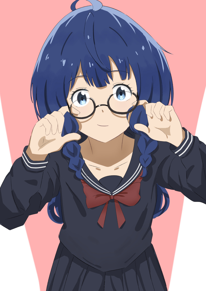 absurdres ahoge bespectacled black_serafuku black_shirt black_skirt blue_eyes blue_hair female glasses highres hotchner leaning_forward long_sleeves make_heroine_ga_oo_sugiru! medium_hair neckerchief pink_background red_neckerchief sailor_collar sailor_shirt school_uniform serafuku shirt sidelocks skirt solo two-tone_background yanami_anna