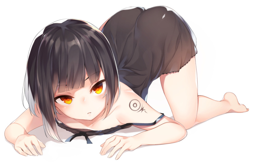 ass barefoot black_hair dress orange_eyes original tattoo tsunekichi