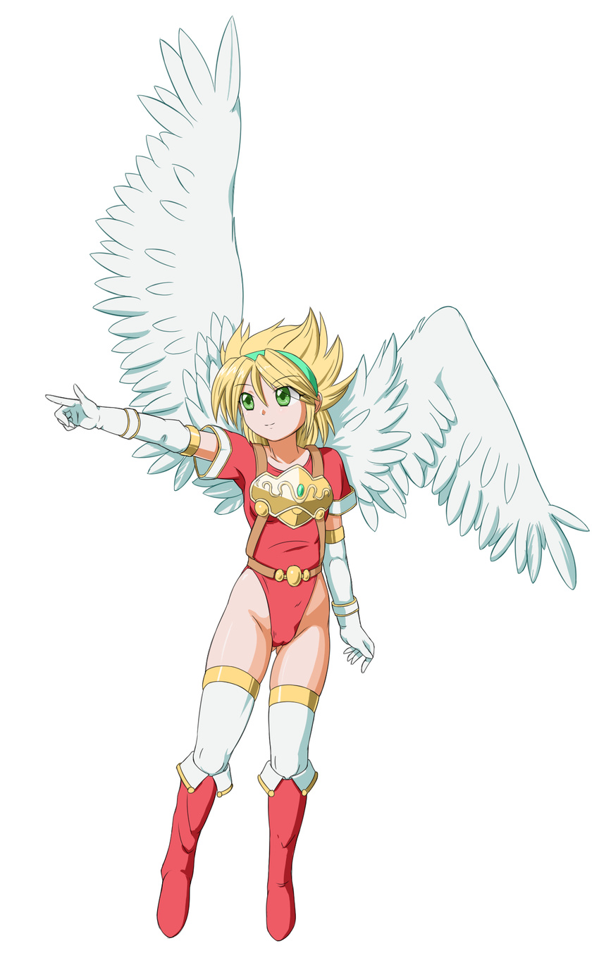 aged_up angel_wings armor blonde_hair boots breasts breath_of_fire breath_of_fire_i cameltoe commentary_request feathered_wings female full_body gloves green_eyes hairband highres large_wings leotard murasaki2007 nina_(breath_of_fire_i) pointing red_leotard short_hair small_breasts solo thighhighs white_background white_wings wings