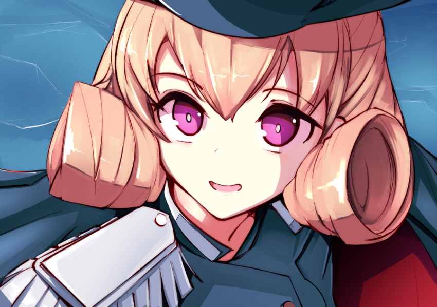 azur_lane bishoujo_senshi_sailor_moon bishoujo_senshi_sailor_moon_s blonde_hair blue_hat bright_pupils cape carabiniere_(azur_lane) derivative_work epaulettes female from_above hat meme military military_uniform nanostar nervous nervous_smile open_mouth purple_eyes sailor_moon_redraw_challenge_(meme) screenshot_redraw short_hair sidelocks smile solo uniform upper_body white_pupils