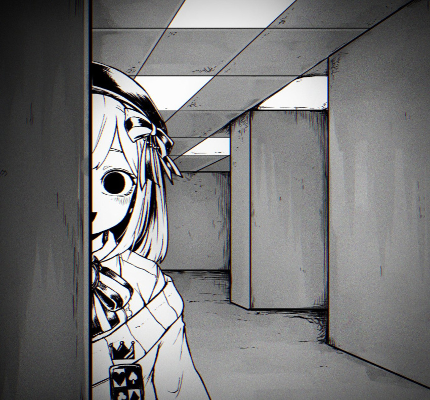 around_corner backrooms_(creepypasta) black_eyes chromatic_aberration female greyscale hatyuuruinohito highres horror_(theme) indoors looking_at_viewer monochrome nijisanji open_mouth smile solid_circle_pupils solo suzuhara_lulu suzuhara_lulu_(1st_costume) upper_body virtual_youtuber