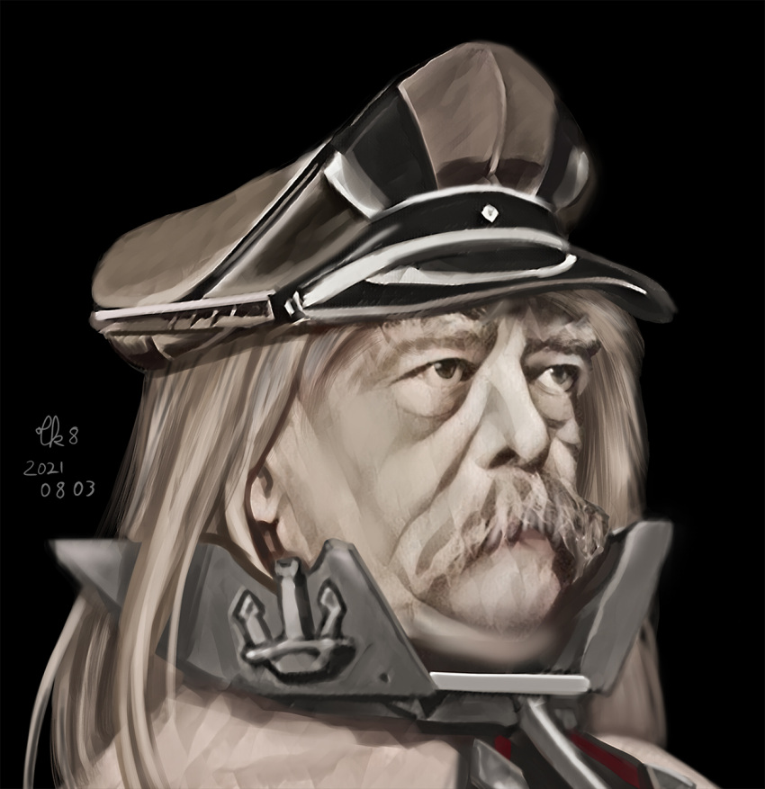 1boy bangs beard bismarck_(kancolle) bismarck_(kancolle)_(cosplay) black_background blonde_hair brown_headwear commentary_request cosplay dated face facial_hair hat highres kantai_collection long_hair looking_afar male_focus military moustache namesake old old_man otto_von_bismarck peaked_cap portrait real_life signature solo tk8d32 too_literal what