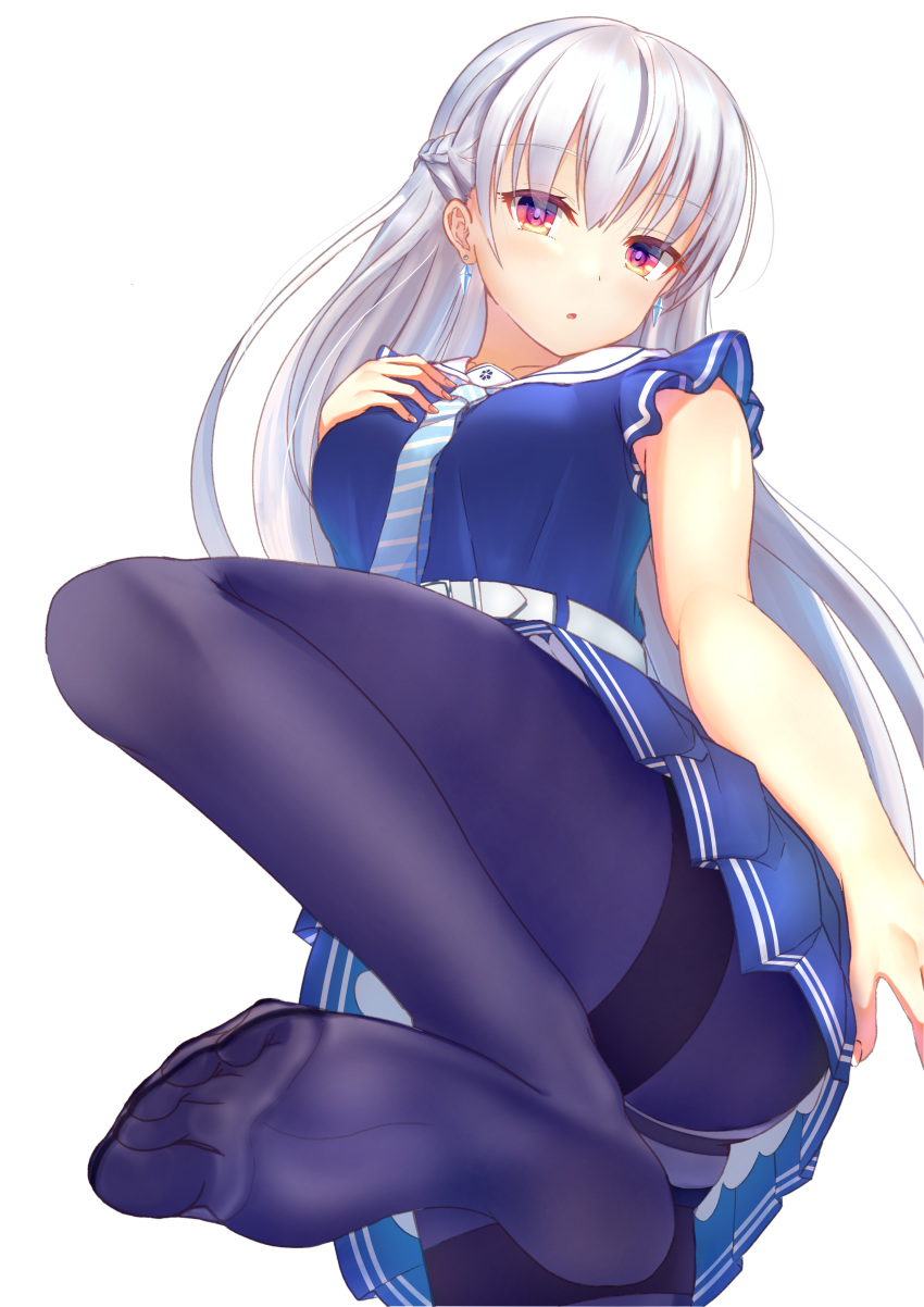 :o absurdres bare_arms belt belt_buckle berkut_(girly_air_force) blue_neckwear blue_shirt blue_skirt braid buckle collarbone commentary dodo_(purofu_hitsudoku) earrings feet female fingernails french_braid girly_air_force grey_hair highres jewelry leg_up long_hair looking_at_viewer necktie no_shoes panties panties_under_pantyhose pantyhose pink_eyes pleated_skirt purple_pantyhose shirt short_sleeves skirt soles solo striped striped_necktie toes transparent_background underwear white_belt