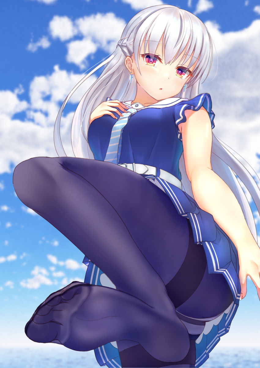 :o absurdres bare_arms belt belt_buckle berkut_(girly_air_force) blue_neckwear blue_shirt blue_skirt braid buckle cloud cloudy_sky collarbone commentary day dodo_(purofu_hitsudoku) earrings feet female fingernails french_braid girly_air_force grey_hair highres jewelry leg_up long_hair looking_at_viewer necktie no_shoes outdoors panties panties_under_pantyhose pantyhose pink_eyes pleated_skirt purple_pantyhose shirt short_sleeves skirt sky soles solo striped striped_necktie toes underwear white_belt