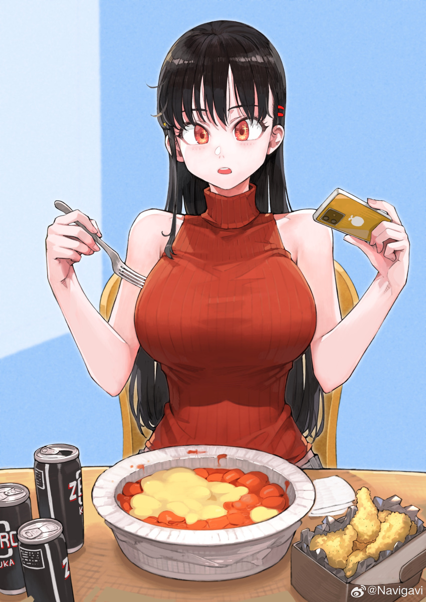 absurdres bare_shoulders big_sister_(navigavi) black_hair blue_background breasts can cellphone chair chicken_(food) commentary female food food_request fork fried_chicken glutton hair_ornament hairclip highres holding holding_fork holding_phone jun_(navigavi) large_breasts long_hair looking_at_viewer napkin open_mouth original phone red_eyes red_sweater sitting sleeveless sleeveless_sweater solo sweater symbol-only_commentary teeth turtleneck turtleneck_sweater upper_teeth_only weibo_logo weibo_watermark