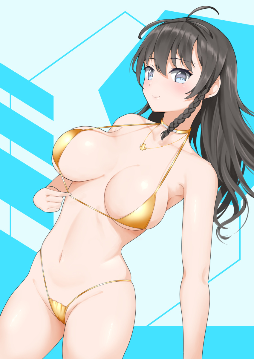 ahoge bikini black_hair blue_eyes braid breasts breasts_apart cameltoe choker cleavage closed_mouth collarbone contrapposto cowboy_shot female gold_bikini groin hair_between_eyes halterneck highleg highleg_bikini highres jewelry large_breasts long_hair looking_at_viewer micro_bikini navel necklace shining_(series) shining_resonance smile solo sonia_branche strap_gap strap_pull swimsuit theakingu