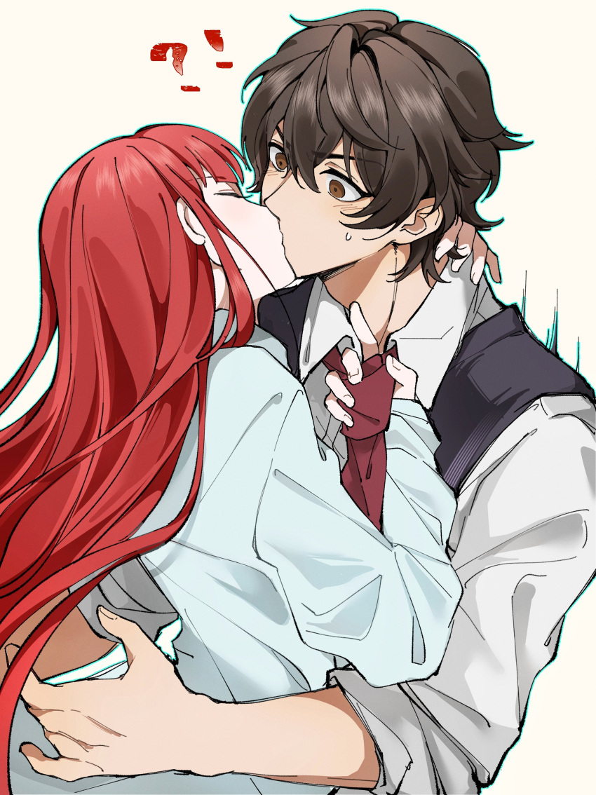 !? 1boy absurdres brown_eyes brown_hair closed_eyes clothes_grab collared_shirt dress_shirt fata_morgana_no_yakata female hair_between_eyes hair_down hand_on_another's_neck highres huixiaaa42305 jacopo_bearzatti kissing light_blush long_hair morgana_(fata_morgana_no_yakata) necktie red_hair red_necktie shirt simple_background sleeves_rolled_up straight surprise_kiss surprised sweatdrop white_background white_shirt wide-eyed